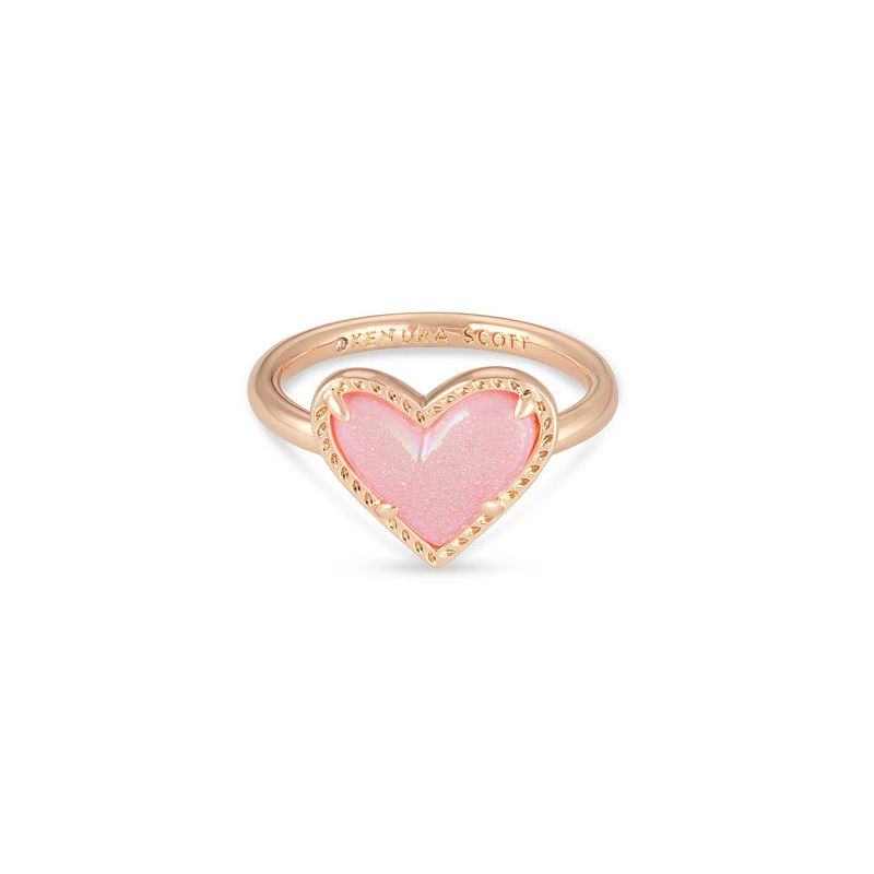 Kendra Scott Ari Heart Rose Gold Tone Band Ring in Pink Drusy, Size 8