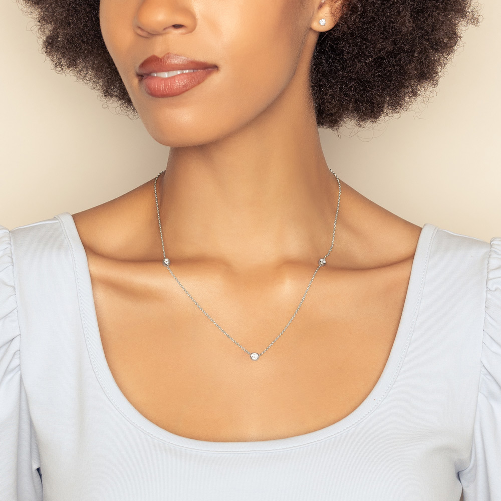 Oval Diamond 3 Station Necklace in White Gold