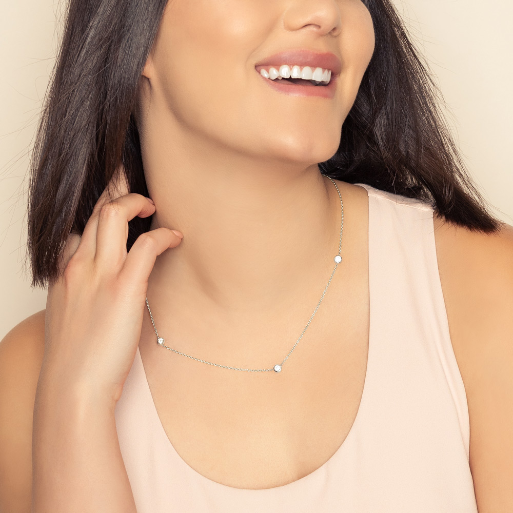 Round Diamond 3 Station Necklace in White Gold