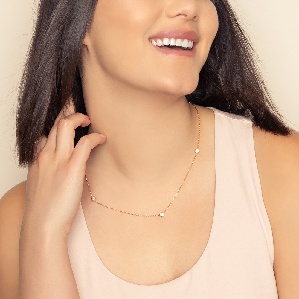 Round Diamond 3 Station Necklace in Rose Gold