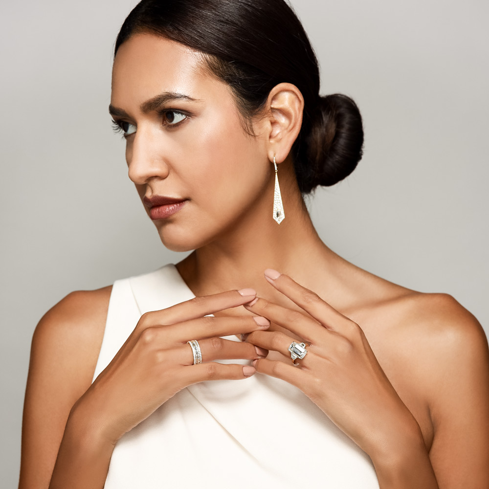 Rahaminov Diamond Pavé Shield Drop Earrings in Yellow Gold