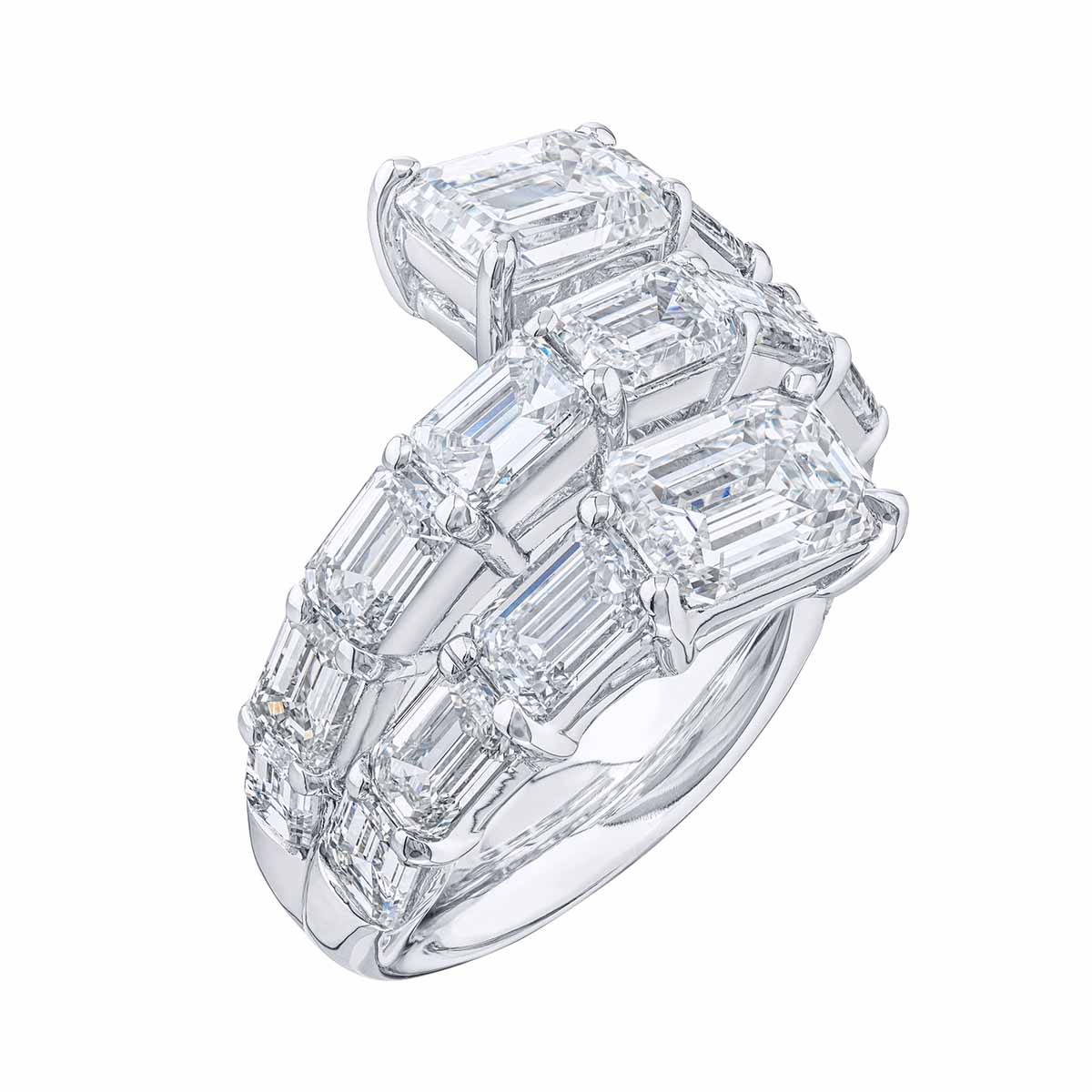 J.B. Star Emerald Cut Diamond Bypass Ring in Platinum