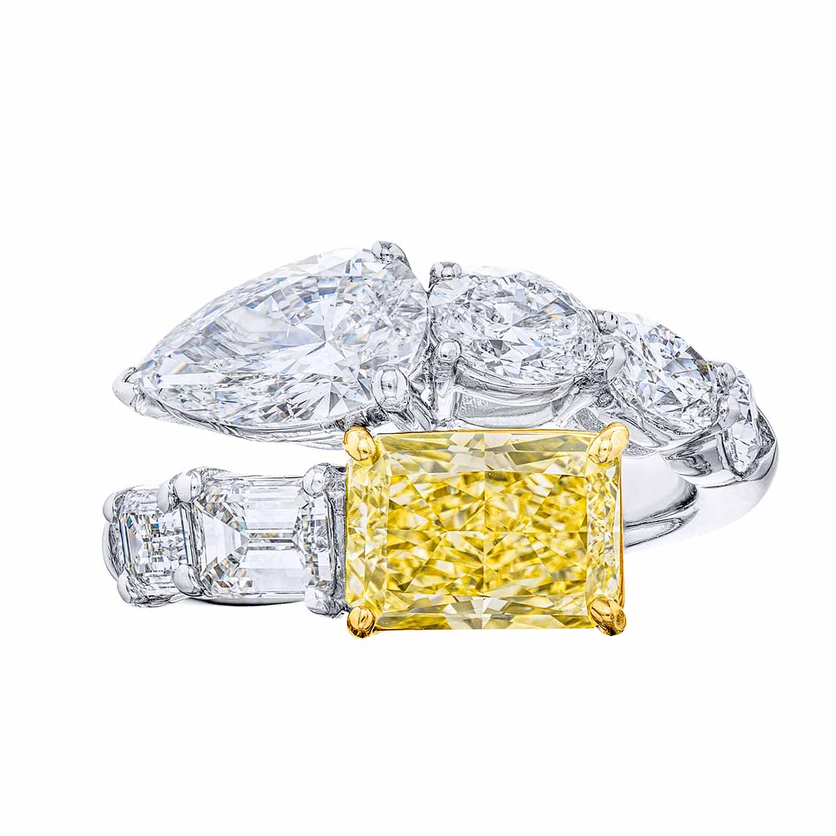 J.B. Star Fancy Yellow & White Diamond Multi-Shape Bypass Ring in Platinum