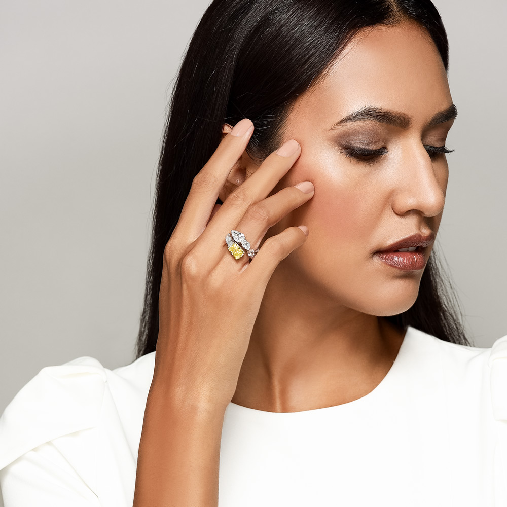 J.B. Star Fancy Yellow & White Diamond Multi-Shape Bypass Ring in Platinum