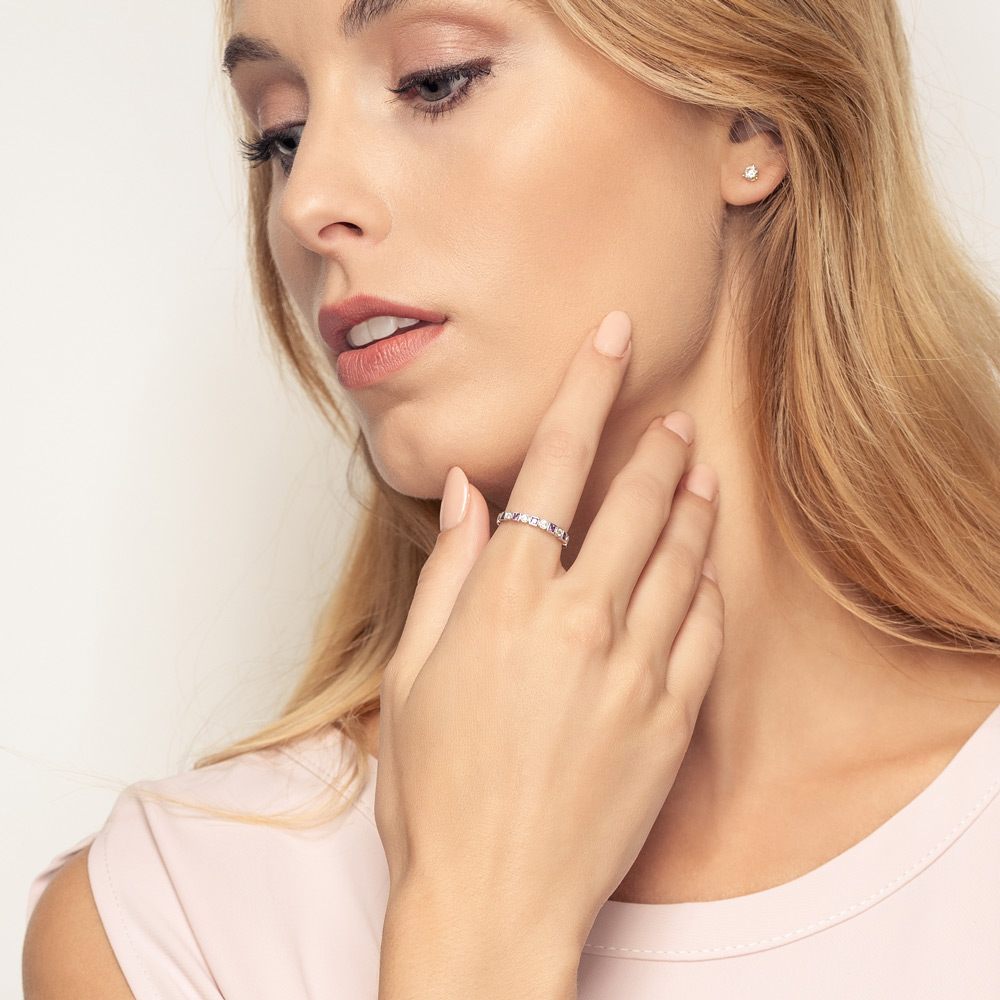 Amethyst & Diamond Geometric Band in White Gold