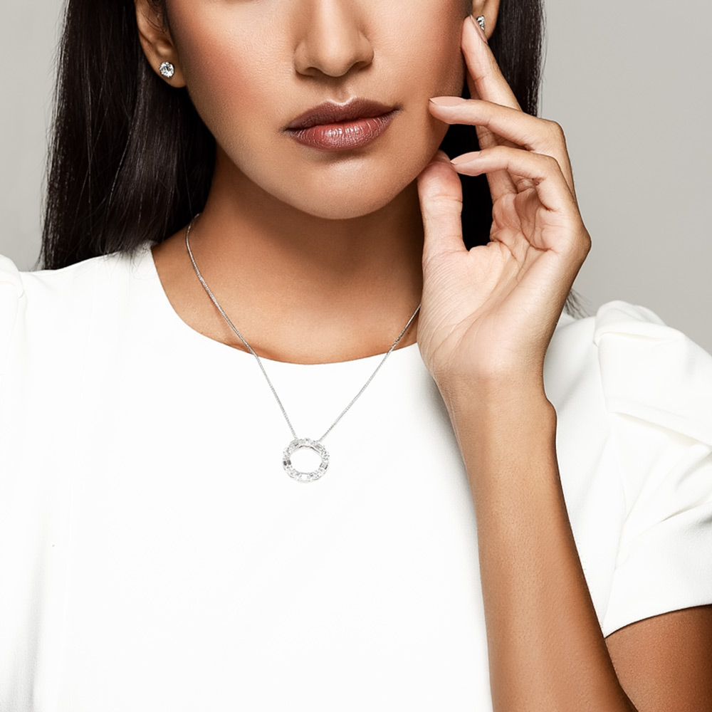 J.B. Star Round & Emerald Cut Diamond Open Circle Pendant in Platinum, Large, 18