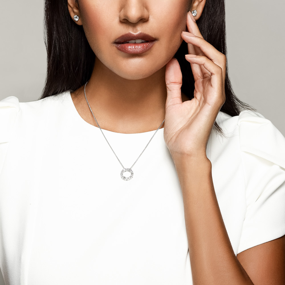 J.B. Star Round & Emerald Cut Diamond Open Circle Pendant in Platinum, Small, 18