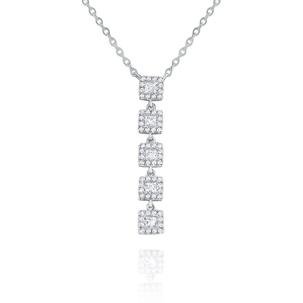 Diamond Square Halo Linear Y Necklace in white Gold, 18
