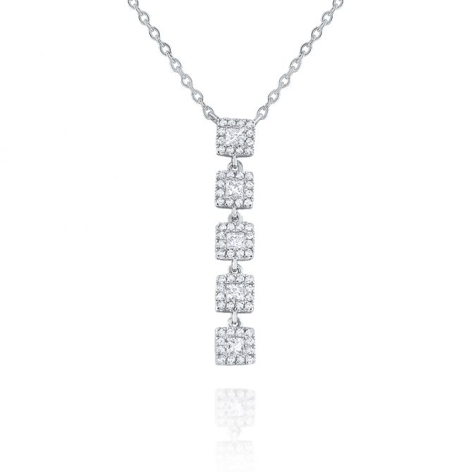 Diamond Square Halo Linear Y Necklace in white Gold, 18"