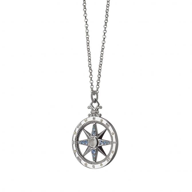 Monica Rich Kosann "Travel" Compass Moonstone & Sapphire Charm Necklace in Sterling Silver, 30"