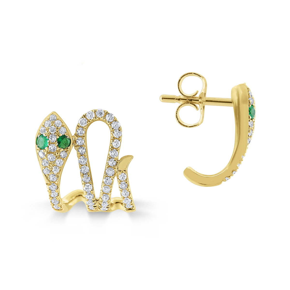 Emerald & Diamond Pavé Snake Huggie Earrings in Yellow Gold