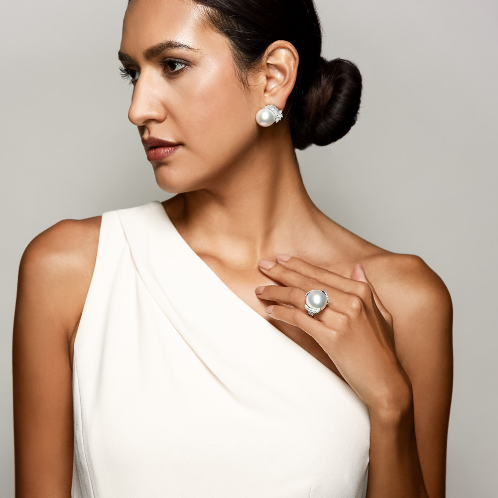 TARA Pearls White South Sea Cultured Pearl & Diamond Pave Swirl Cocktail Ring in White Gold