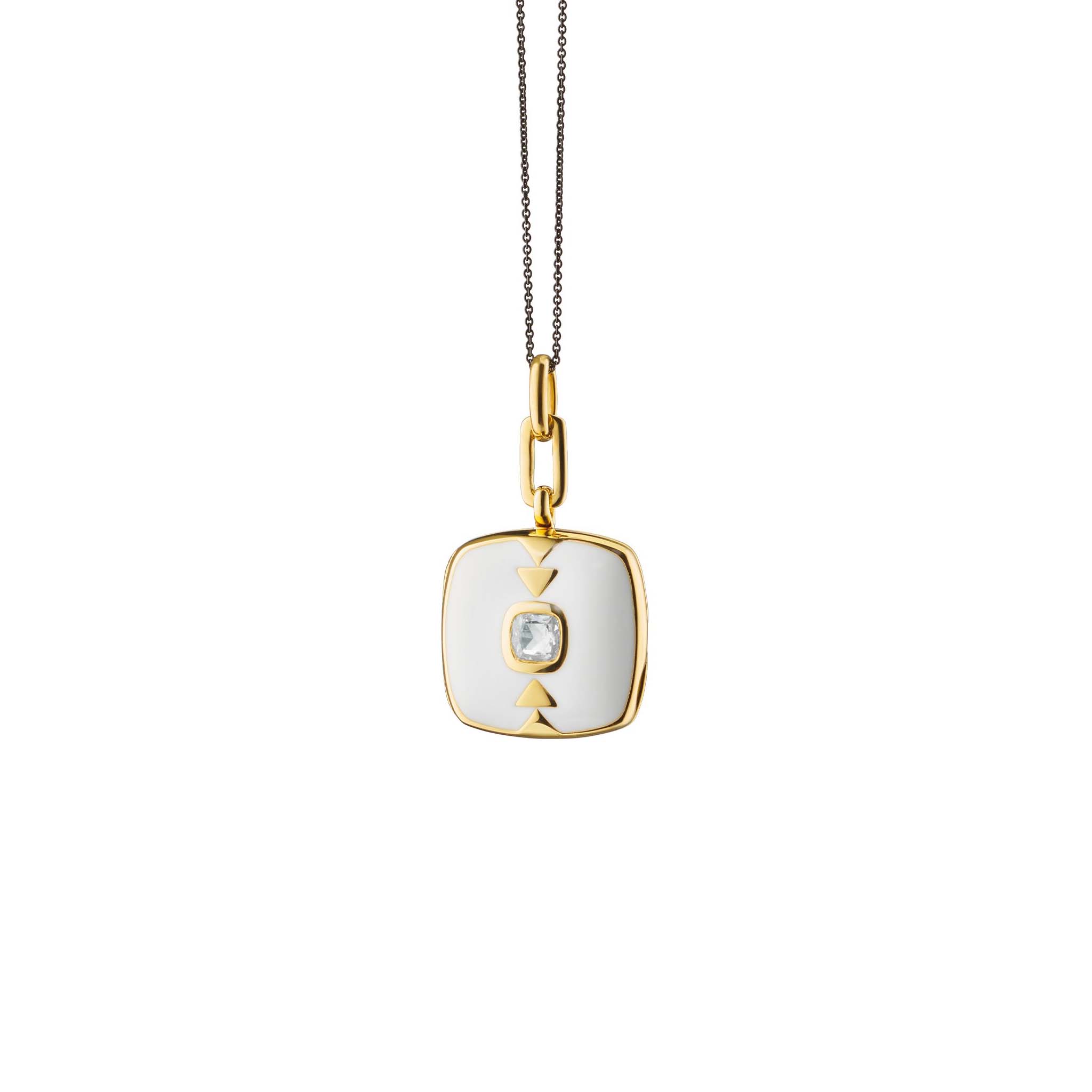 Monica Rich Kosann White Enamel and Yellow Gold Vermeil Cushion Locket with White Sapphire