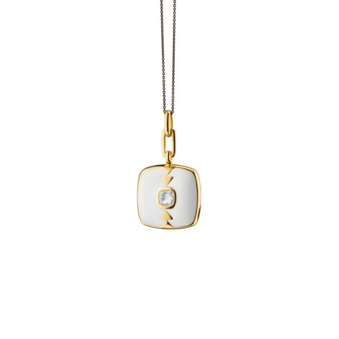 Monica Rich Kosann White Enamel and Yellow Gold Vermeil Cushion Locket with White Sapphire