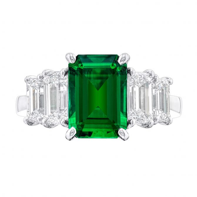 J.B. Star Emerald Cut Emerald & Diamond 5 Stone Ring in Platinum