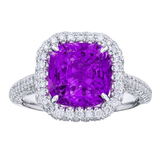 J.B. Star Cushion Purple Sapphire & Diamond Pavé Halo Ring in Platinum