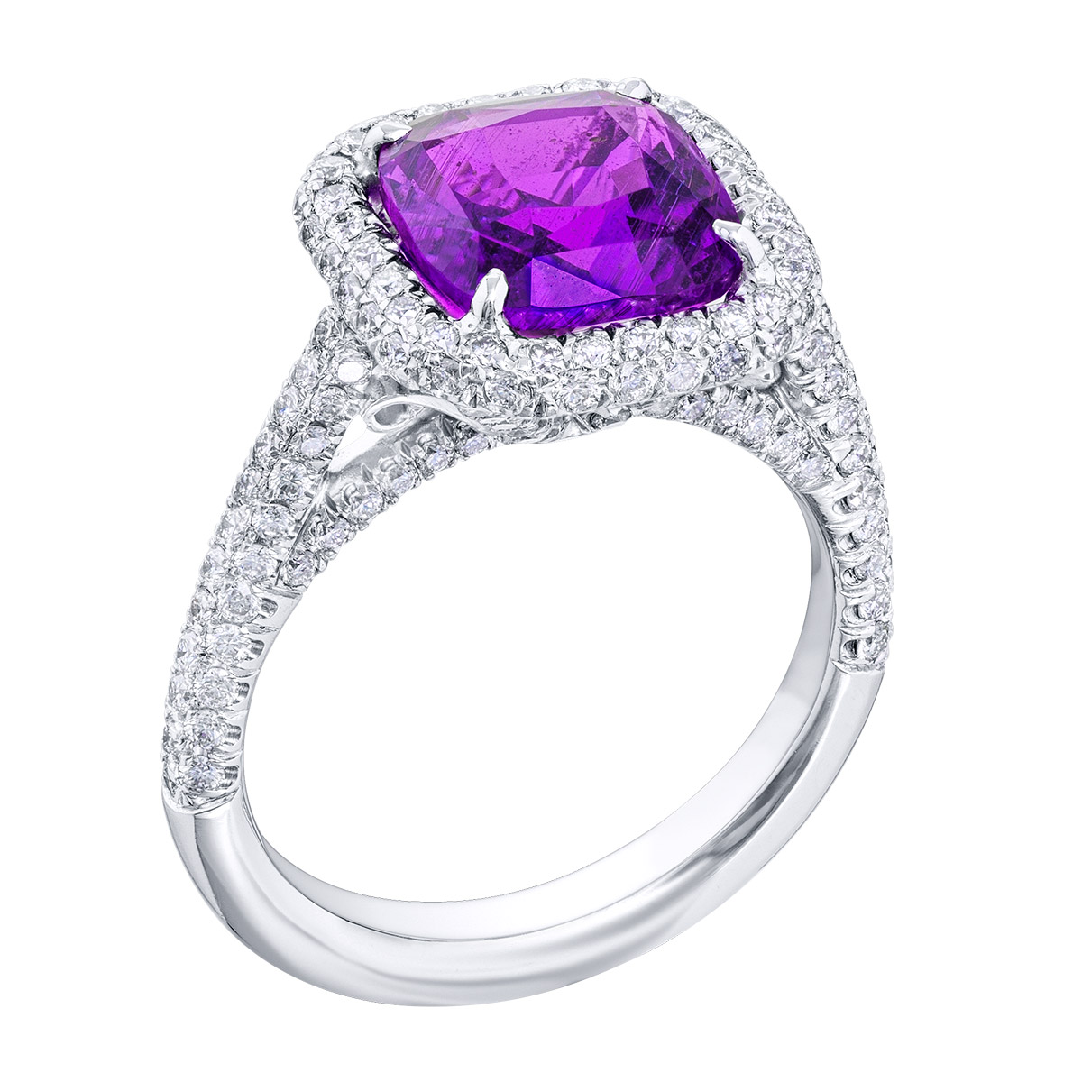 J.B. Star Cushion Purple Sapphire & Diamond Pavé Halo Ring in Platinum