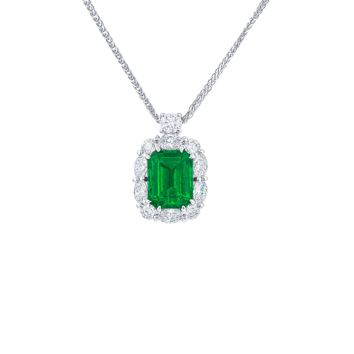 J.B. Star Emerald Cut Emerald & Multi-Shape Diamond Halo Pendant in Platinum