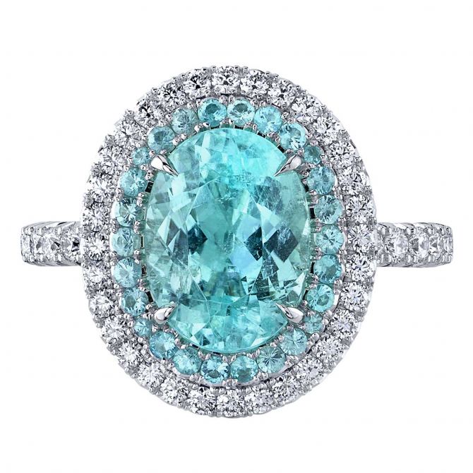 Omi Prive Oval Paraiba Tourmaline & Diamond Double Halo Ring in Platinum