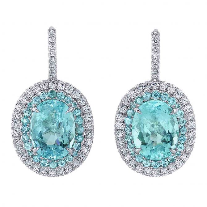 Omi Prive Oval Paraiba Tourmaline & Diamond Double Halo Earrings in Platinum