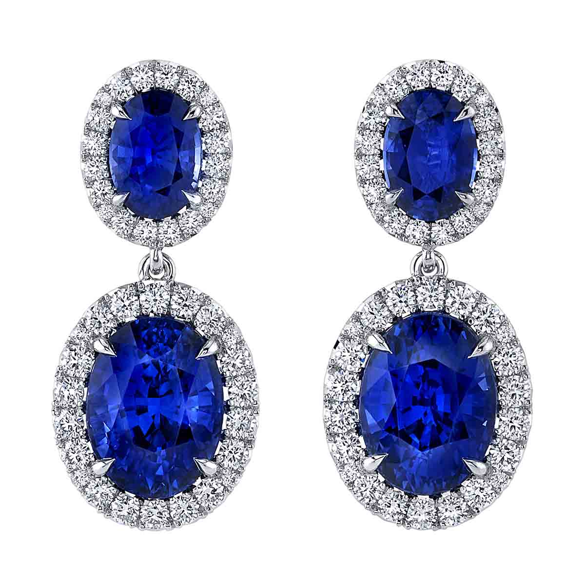 Omi Prive Oval Sapphire & Diamond Halo Double Drop Earrings in Platinum