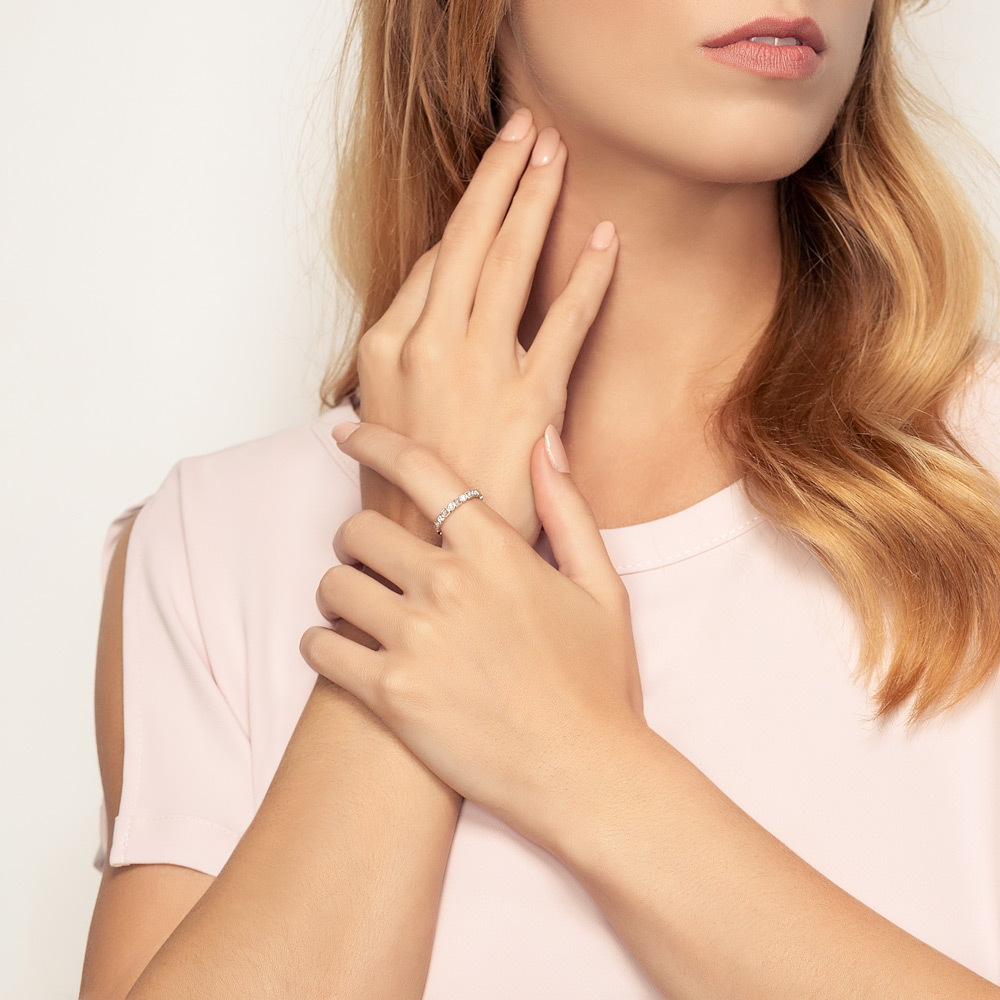 Diamond and Moonstone Milgrain Geometric Ring in White Gold