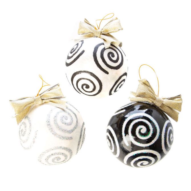 MacKenzie-Childs Black and White Swirl Ball Ornaments, Set of 3
