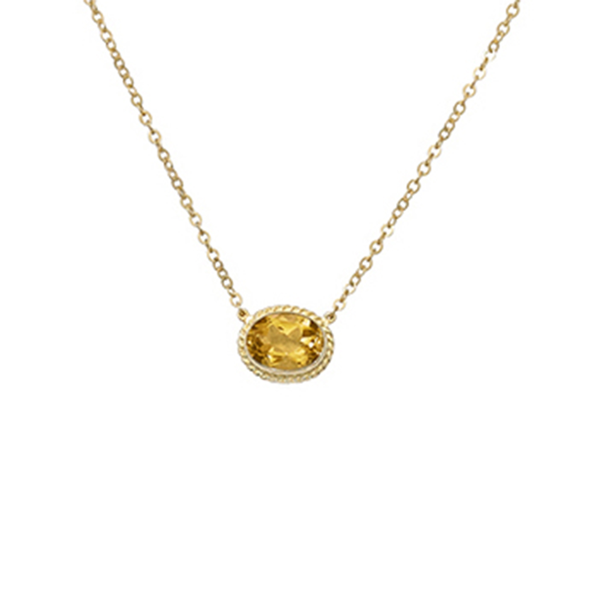 14K Yellow Gold Oval Citrine Rope Bezel Set Necklace, 19