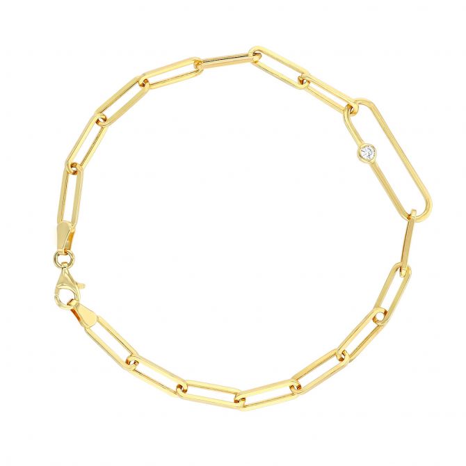 Yellow Gold Paperclip Link Bracelet with Diamond Accent, 7.5"