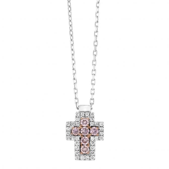 Frederic Sage Pink & White Diamond Cross Pendant in White & Rose Gold, 18"