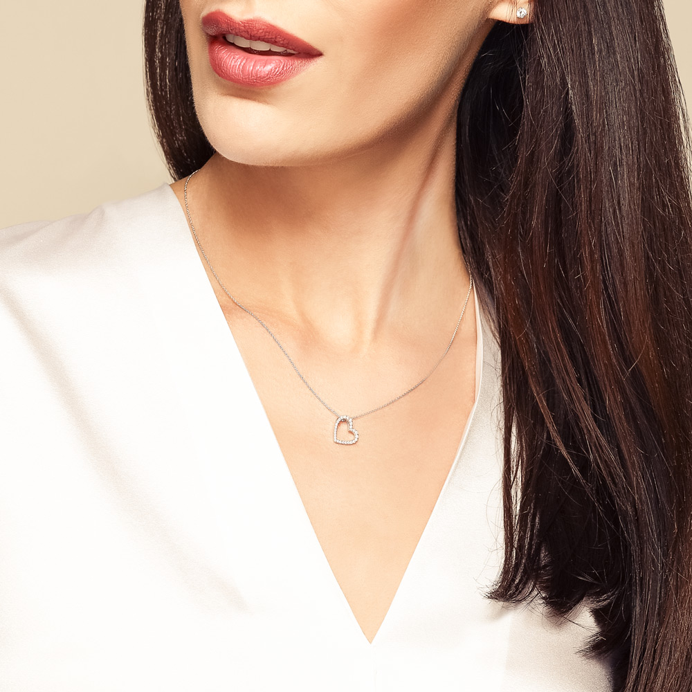 Roberto Coin Tiny Treasures Slanted Diamond Heart Necklace in White Gold, 0.18 cttw