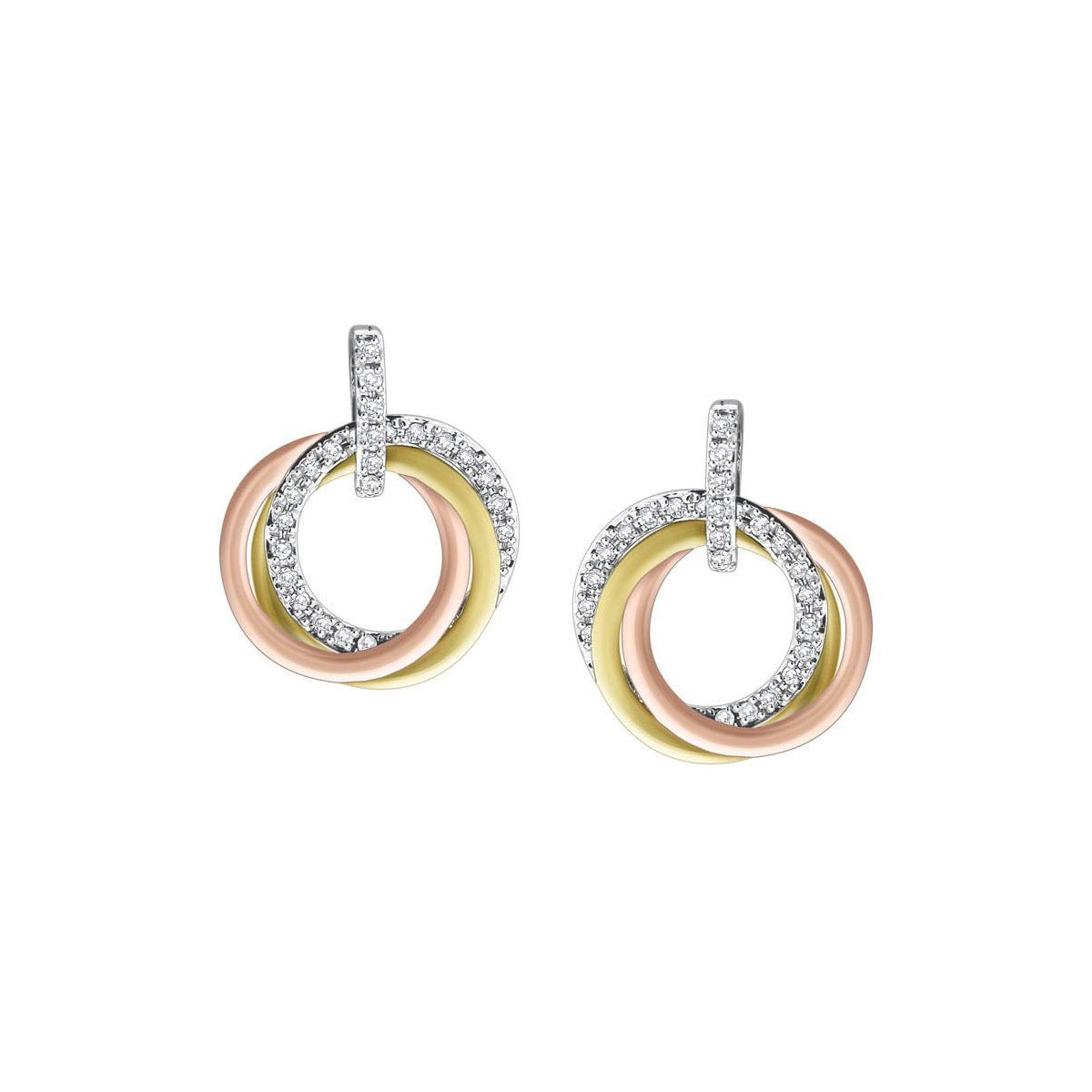 Diamond Tri Tone Triple Loop Post Back Drop Earrings