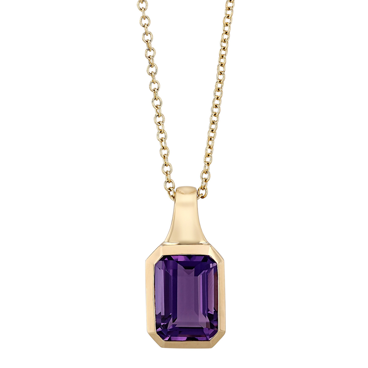 Emerald Cut Amethyst Bezel Set Pendant in Yellow Gold, 18