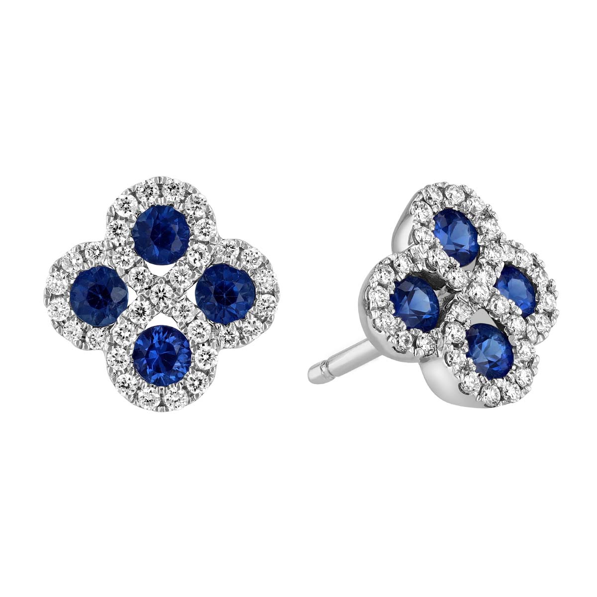 Sapphire & Diamond Clover Stud Earrings in White Gold