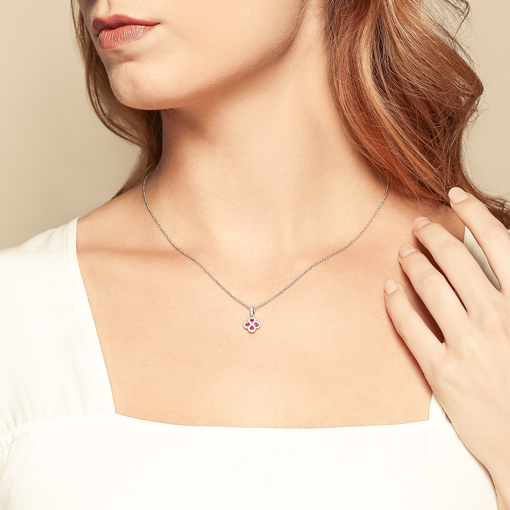 Ruby & Diamond Clover Pendant in White Gold, 18