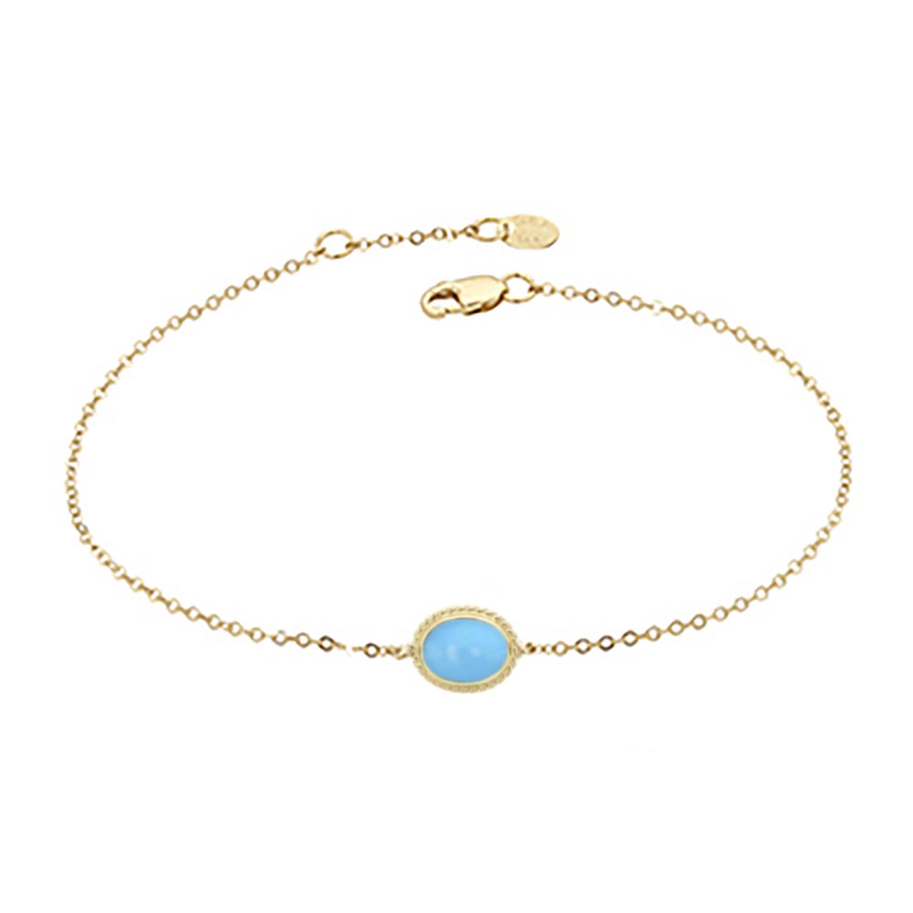 14K Yellow Gold Oval Cabochon Turquoise Rope Bezel Set Bracelet, 7.5