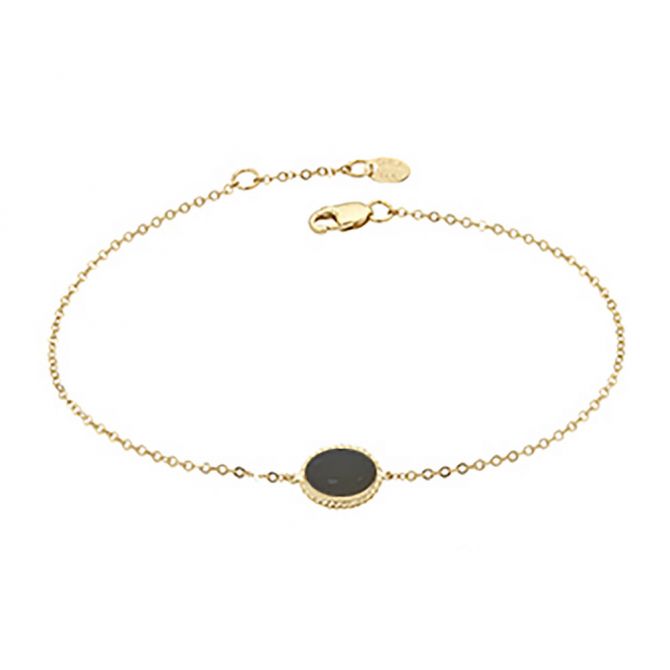 Oval Black Onyx Bracelet with Rope Edge Bezel in Yellow Gold, 7.5"