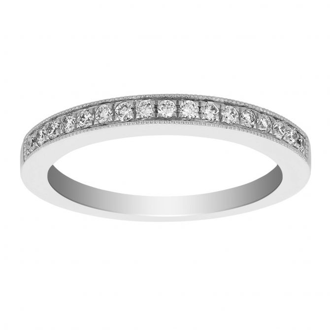 White Gold Diamond Pavé Milgrain Wedding Band, 0.20aptw