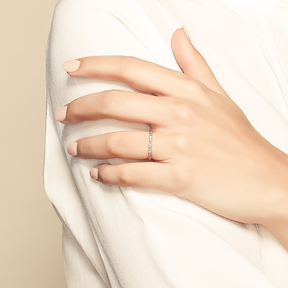 Diamond Marquise & Round Milgrain Patterned Wedding Band in Rose Gold