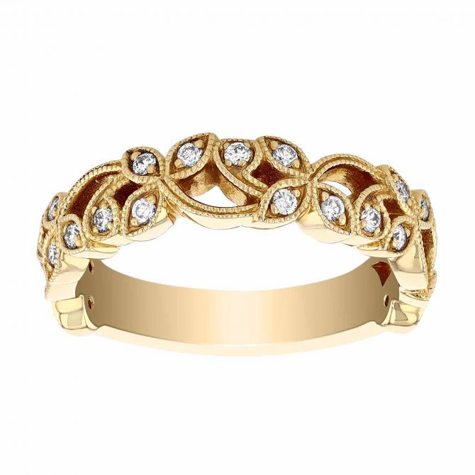 Diamond Milgrain Leaf Pattern Filigree Wedding Band in Yellow Gold