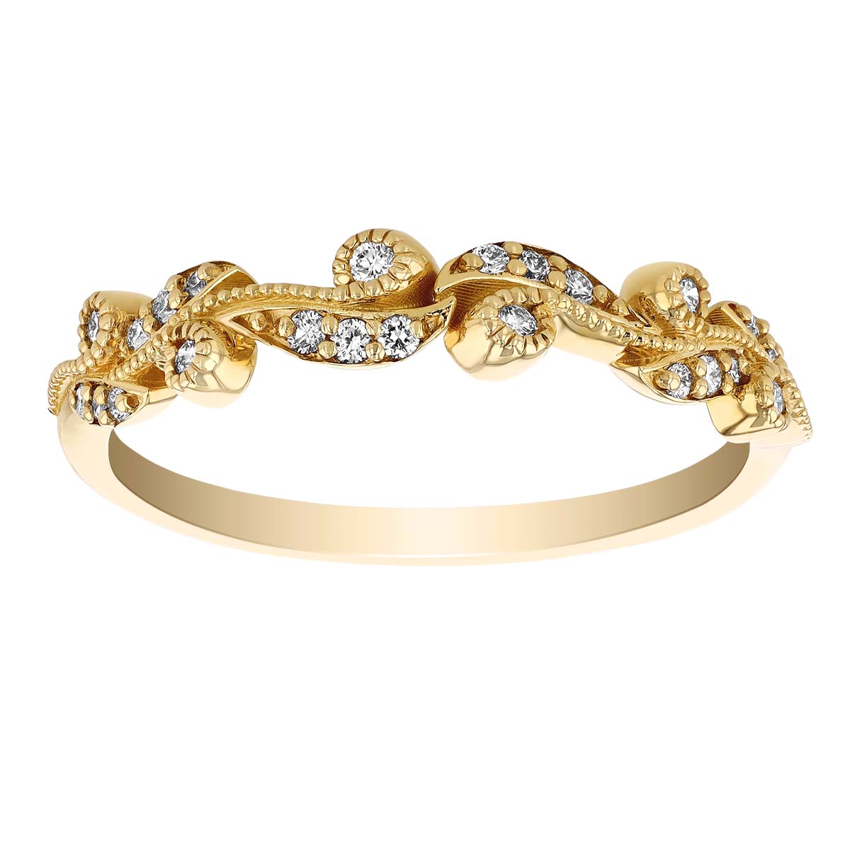 Diamond Milgrain Scrolled Leaf Pattern Wedding Band in Yellow Gold