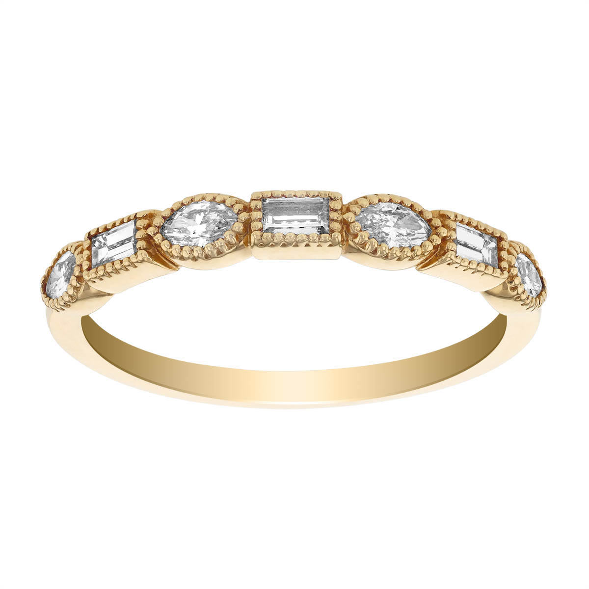 Baguette & Marquise Diamond Alternating Milgrain Wedding Band in Yellow Gold