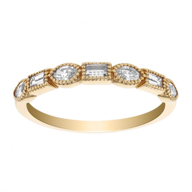 Baguette & Marquise Diamond Alternating Milgrain Wedding Band in Yellow Gold