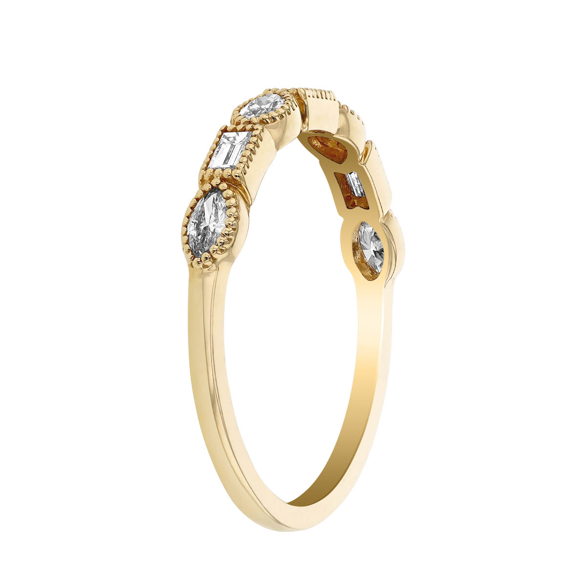 Baguette & Marquise Diamond Alternating Milgrain Wedding Band in Yellow Gold