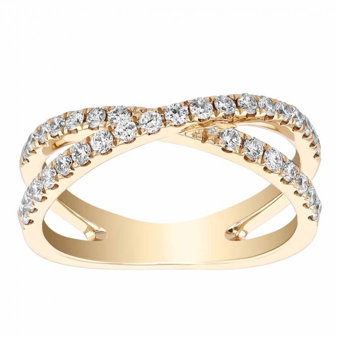 Diamond Criss Cross X 2 Row Wedding Band in Yellow Gold