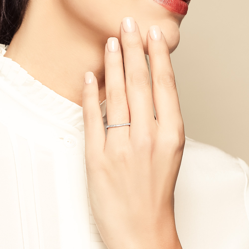 14K White Gold Curved Diamond Wedding Band