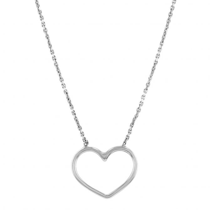 White Gold Open Heart Necklace, 18"