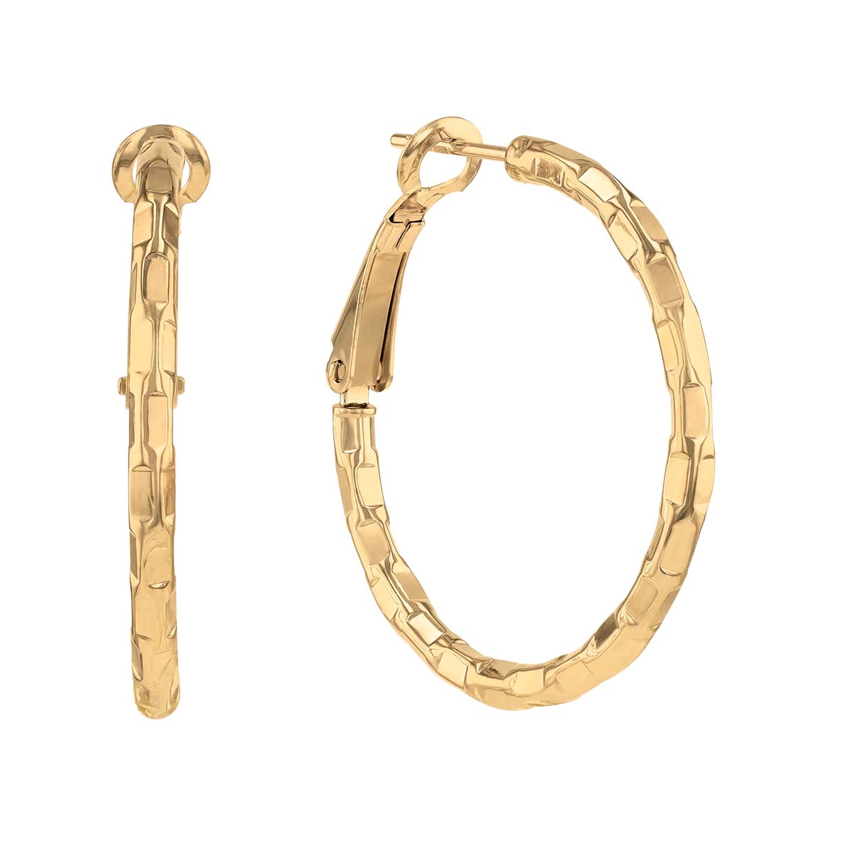 Yellow Gold Brick Pattern Large Hoop Earrings