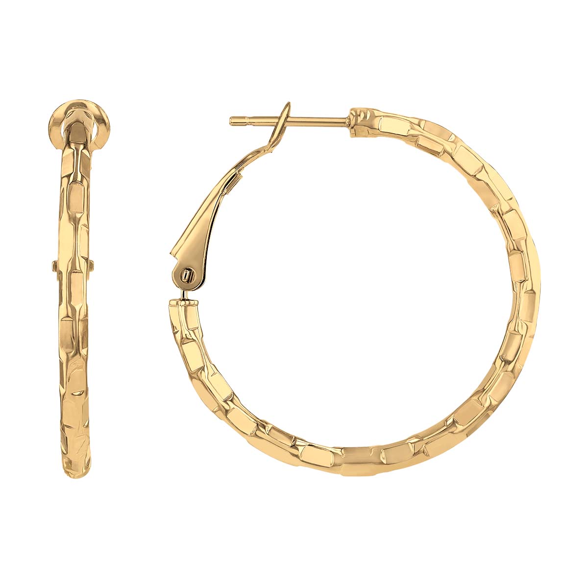 Yellow Gold Brick Pattern Large Hoop Earrings