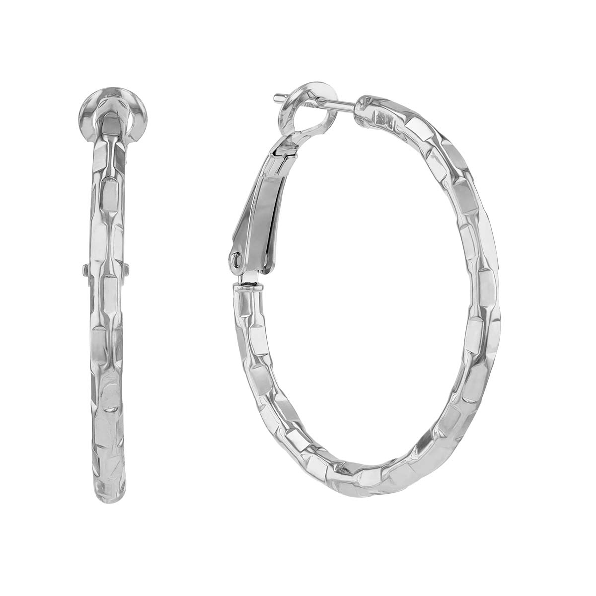 White Gold Brick Pattern Large Hoop Earrings